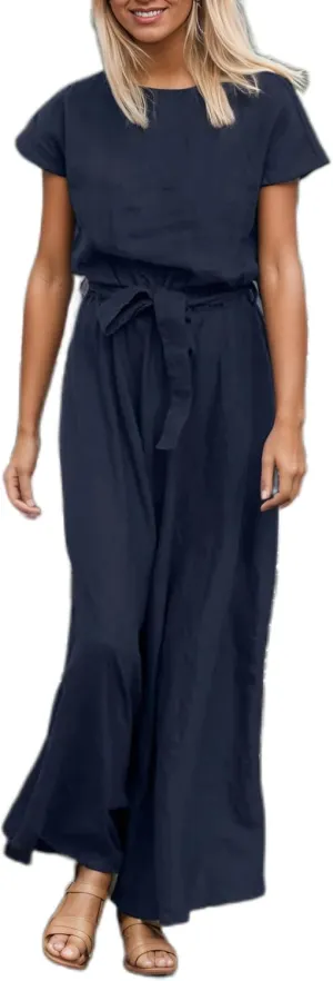 Womens Cotton Linen Shirt Dress Summer Casual Crewneck Short Sleeve Belted Maxi Blouse Dress with Pockets