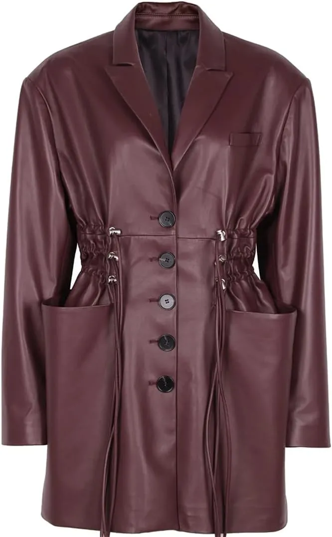 Women's Faux Leather Jacket Long Sleeve Single-Breasted Coat Elastic Waist Drawstring Slim Fit Blazers