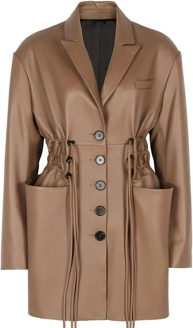 Women's Faux Leather Jacket Long Sleeve Single-Breasted Coat Elastic Waist Drawstring Slim Fit Blazers