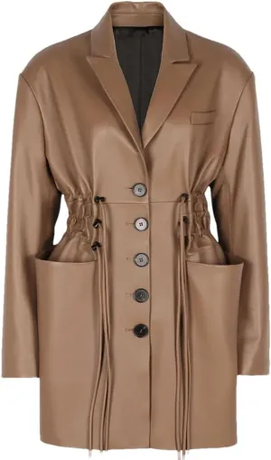Women's Faux Leather Jacket Long Sleeve Single-Breasted Coat Elastic Waist Drawstring Slim Fit Blazers
