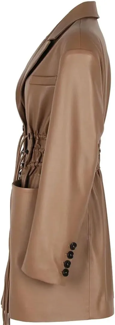Women's Faux Leather Jacket Long Sleeve Single-Breasted Coat Elastic Waist Drawstring Slim Fit Blazers