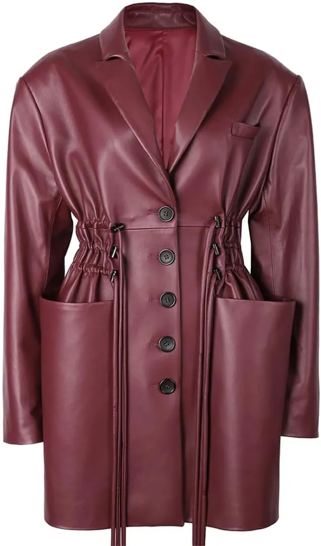 Women's Faux Leather Jacket Long Sleeve Single-Breasted Coat Elastic Waist Drawstring Slim Fit Blazers