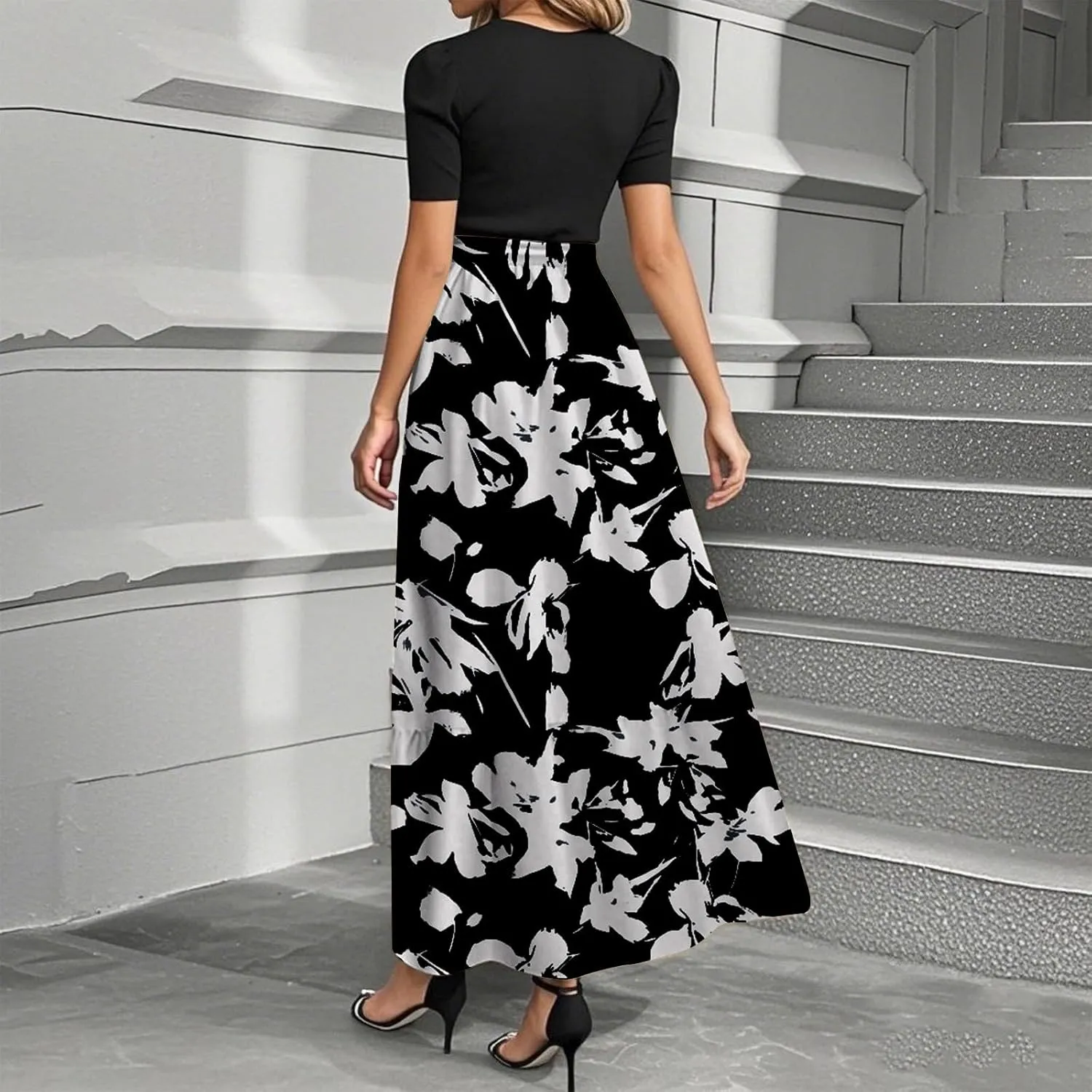Women's Floral Summer Fashion Dresses Boho Tie Belted Patchwork Empire Waist Short Sleeve Ruffle Flowy Long Dress