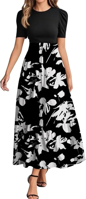 Women's Floral Summer Fashion Dresses Boho Tie Belted Patchwork Empire Waist Short Sleeve Ruffle Flowy Long Dress