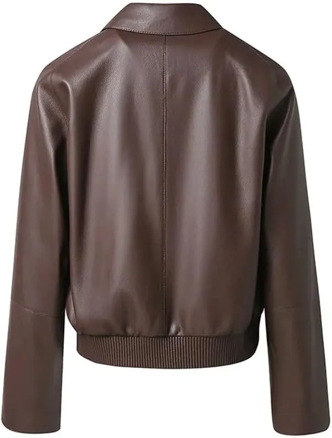 Women's Genuine Sheepskin Leather Bomber Jacket Oversized Coat With Stylish Suit Collar