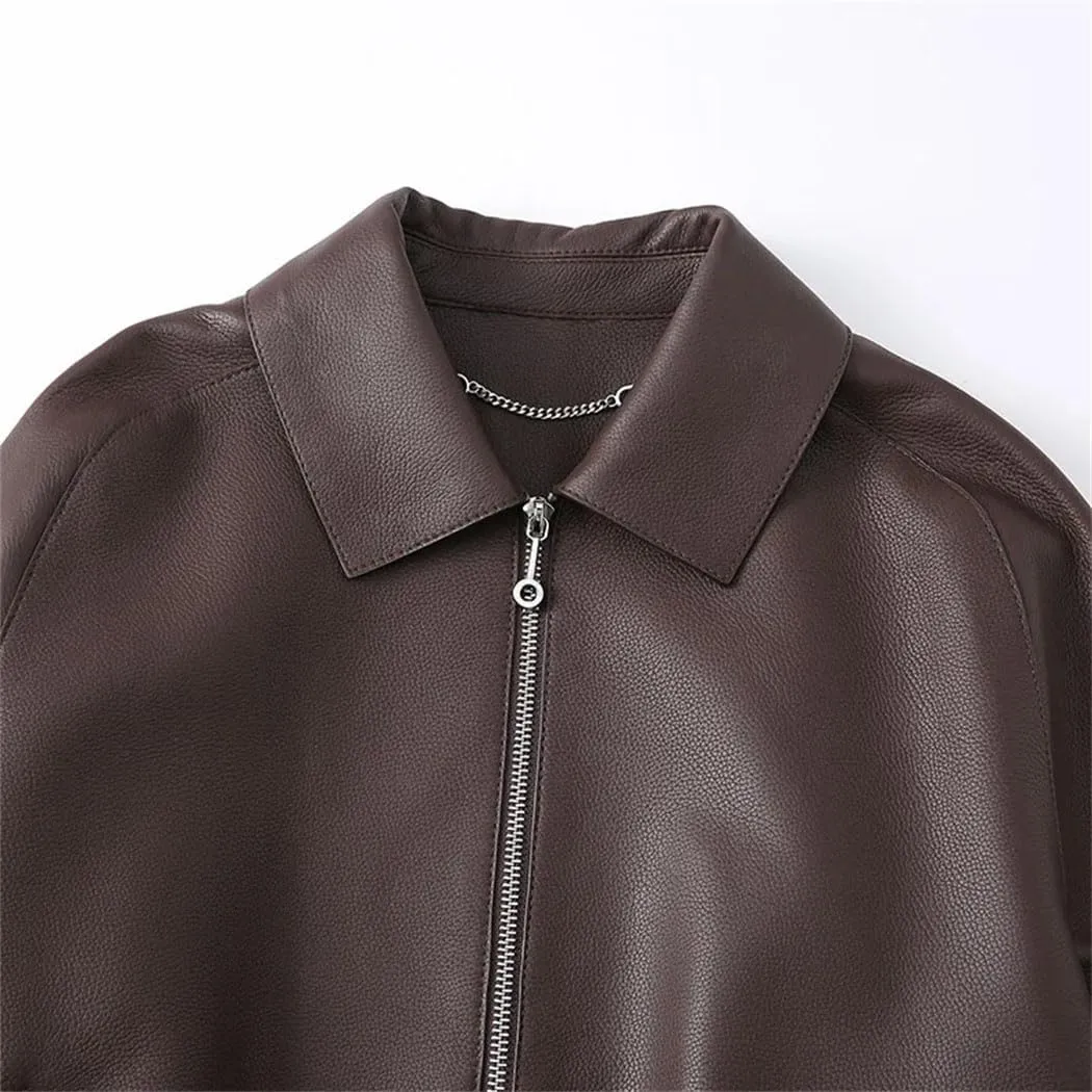 Women's Genuine Sheepskin Leather Bomber Jacket Oversized Coat With Stylish Suit Collar