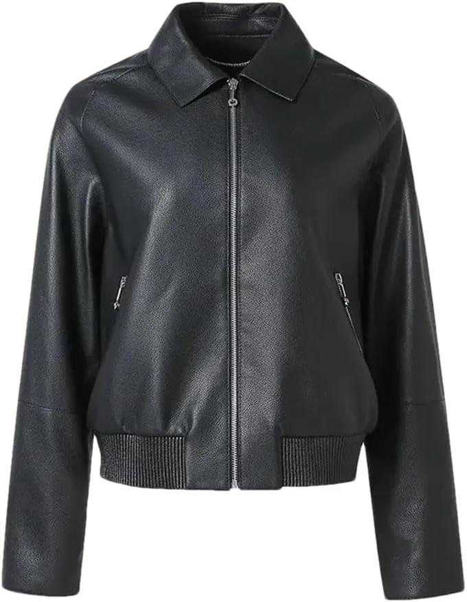 Women's Genuine Sheepskin Leather Bomber Jacket Oversized Coat With Stylish Suit Collar