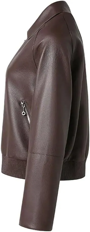 Women's Genuine Sheepskin Leather Bomber Jacket Oversized Coat With Stylish Suit Collar
