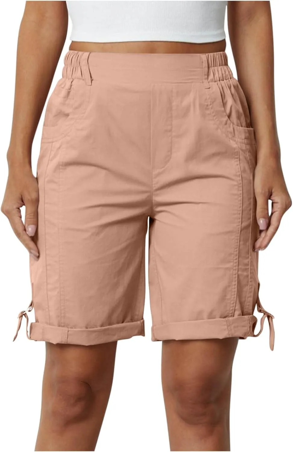 Women's Hiking Cargo Shorts with Pockets Quick Dry Lightweight Elastic High Waist Shorts Cuffed Hem Casual Summer Pant