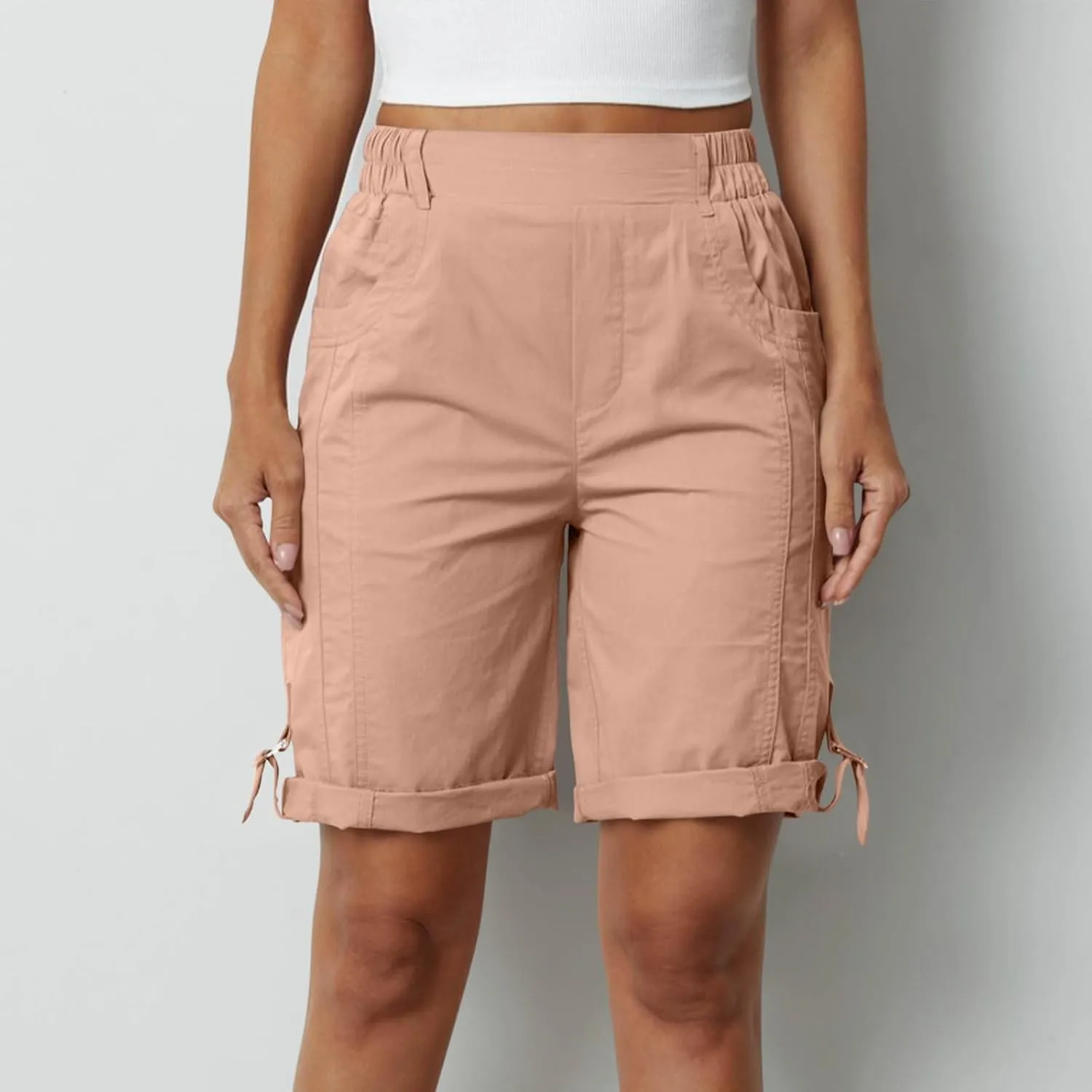 Women's Hiking Cargo Shorts with Pockets Quick Dry Lightweight Elastic High Waist Shorts Cuffed Hem Casual Summer Pant