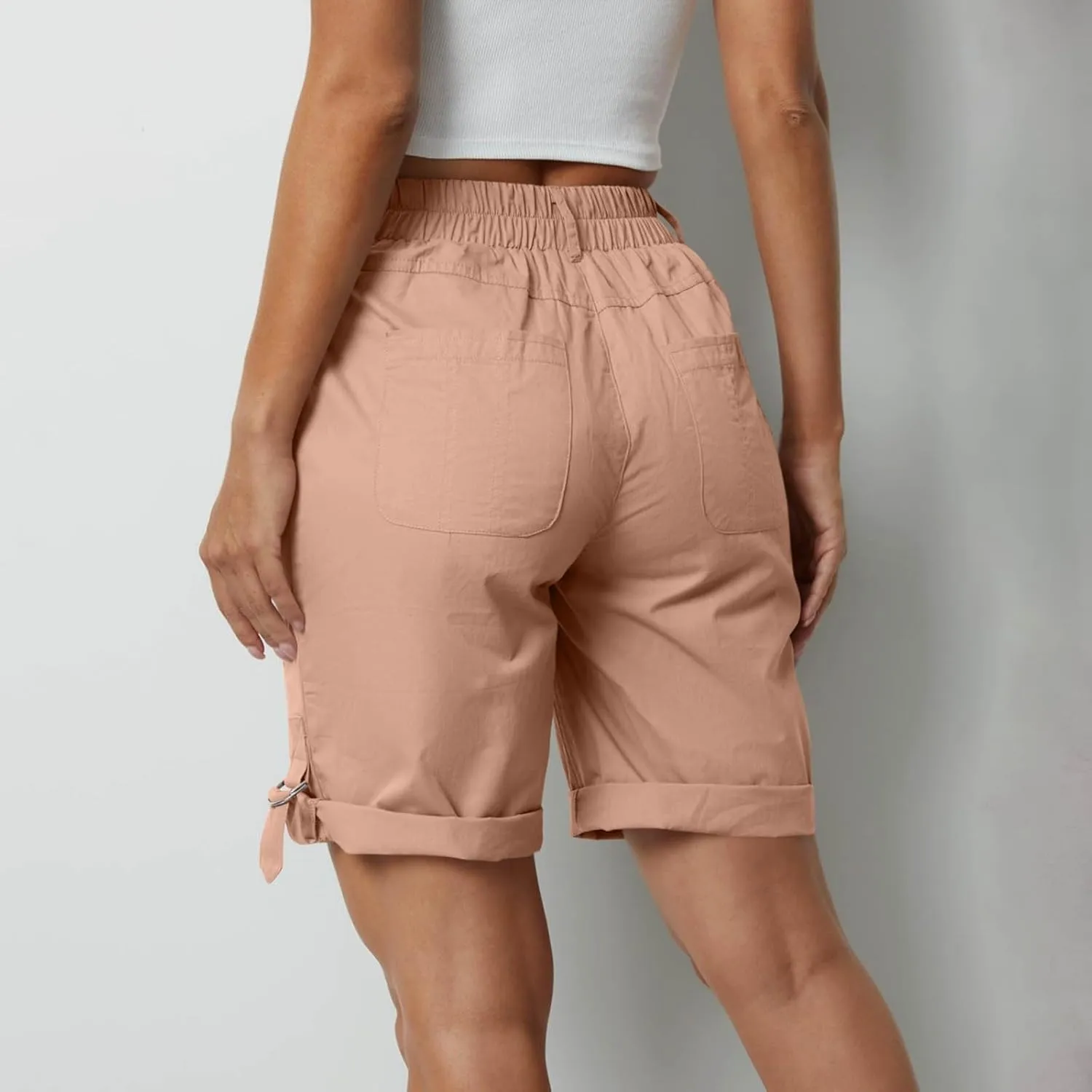 Women's Hiking Cargo Shorts with Pockets Quick Dry Lightweight Elastic High Waist Shorts Cuffed Hem Casual Summer Pant
