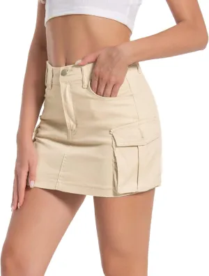 Women's Mini Cargo Denim Skirt, Low Rise Cargo Skirt Button Bodycon Jean Skirt with Pockets