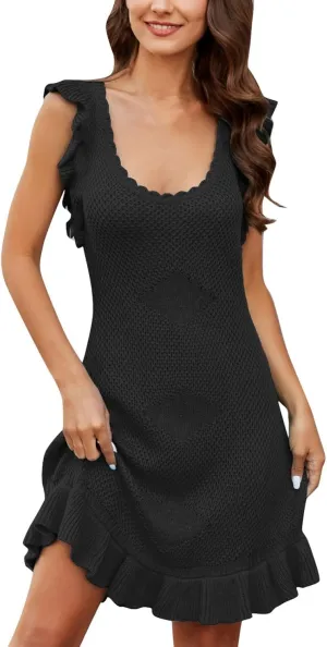 Women's New Years Eve Dress Knit Spring Summer Sexy Cut-Out Sleeveless Waist Fitting Solid Color Dress, S-XL