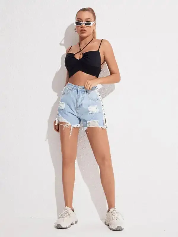 Women’s Ripped Side Lace-up Denim Shorts