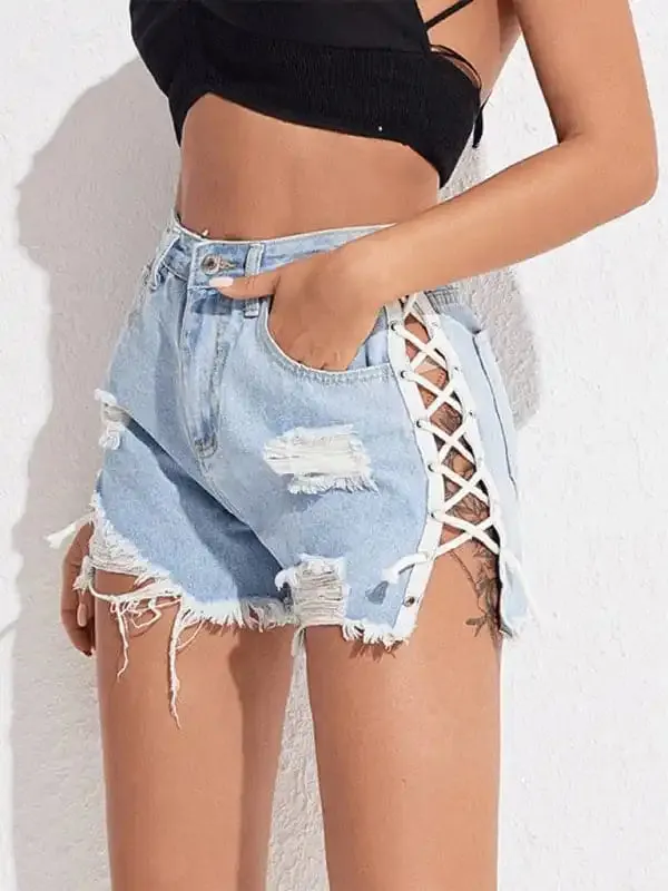 Women’s Ripped Side Lace-up Denim Shorts