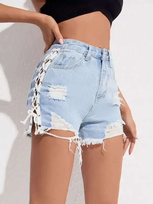 Women’s Ripped Side Lace-up Denim Shorts