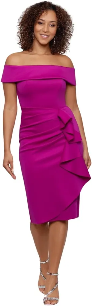 Xscape Women's Knee Length Off-The-Shoulder Scuba Side Ruched Dress