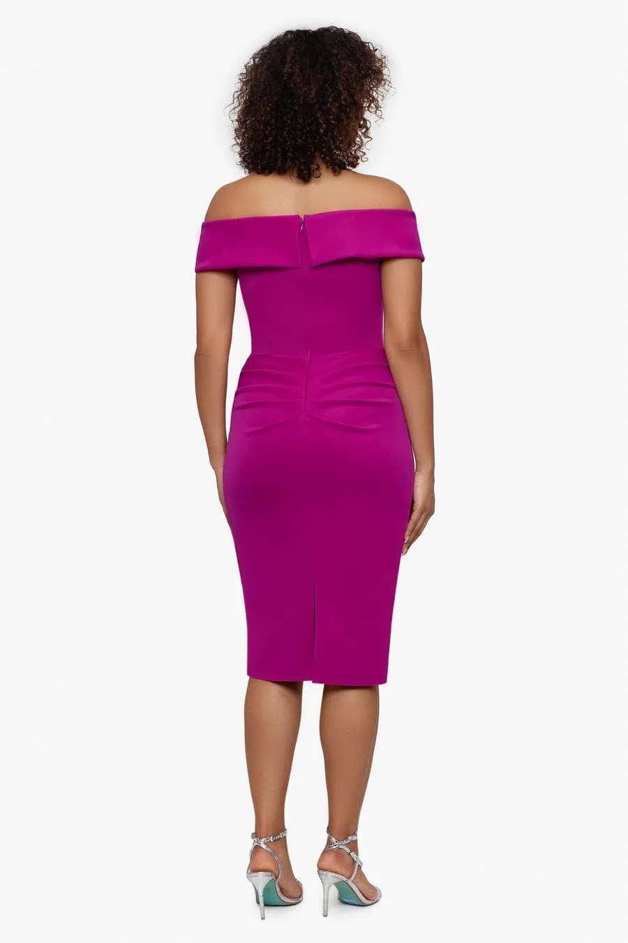 Xscape Women's Knee Length Off-The-Shoulder Scuba Side Ruched Dress