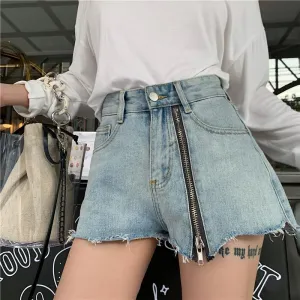 Zipper High Waist Ripped Edge Denim Shorts