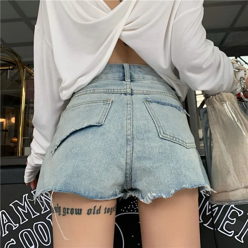 Zipper High Waist Ripped Edge Denim Shorts